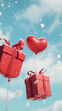 Bright red heart balloon attached to string floating next to two gift boxes against a clear blue sky.