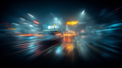 Urban intersection showcasing rapid light trails and motion blur. City lights creating dynamic light trails at a busy intersection depicting speed and modern life