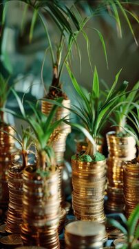 Unique arrangement of coins and plants in glass vases.