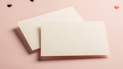 Fototapeta premium Blank greeting cards with scattered heart confetti on a soft pink background