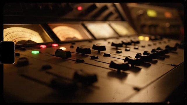 Close-up of a vintage audio mixing console in a recording studio.