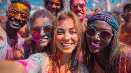 Fototapeta premium A group of friends joyfully celebrate the Holi festival, their faces and clothes vibrant with colorful powders. The energy is palpable as they pose together in a lively, sunlit outdoor setting.