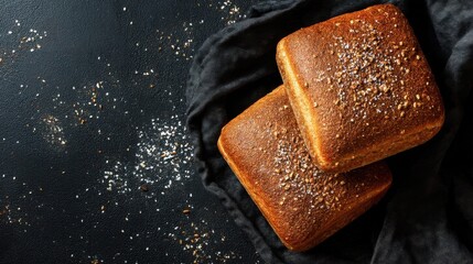 Two pieces of freshly baked bread rest on a dark cloth surrounded by scattered flour. This scene captures the essence of baking in a cozy kitchen space during daylight.