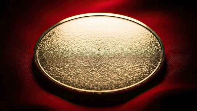 A close-up of a golden coin sitting on a rich, red velvet cloth, creating a striking contrast of textures and tones. The lighting highlights the coin's surface
