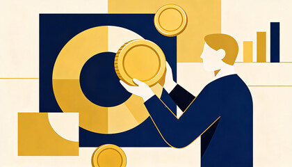 professional businessman holding a gold coin in front of financial charts and graphs representing investment planning wealth management and economic growth in a flat bold style