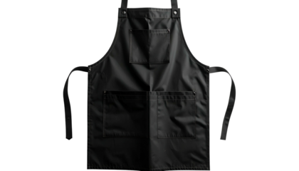 A close-up studio shot of a black apron with two large pockets and an adjustable neck strap