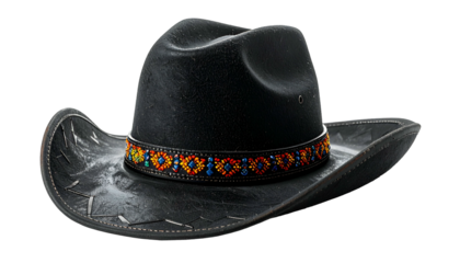 A black cowboy hat with a decorative beaded band, set against a black background