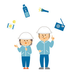 防災　防災用品を考えるシニアのイラスト