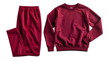 A maroon tracksuit, featuring sweatpants on the left and a crewneck sweatshirt on the right