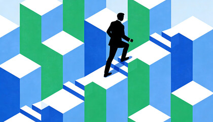 ambitious businessman climbing giant blue and green 3d geometric pillars toward success representing career advancement professional progress and corporate growth in flat style