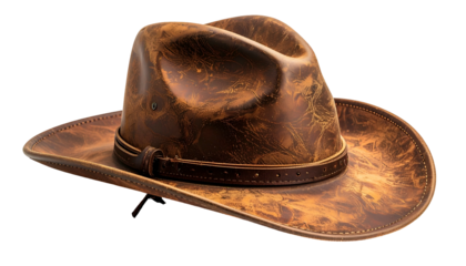 A close-up of a weathered, brown leather fedora with a subtle texture