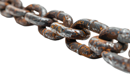 Close-up of a heavily rusted metal chain on a black background, with links in focus