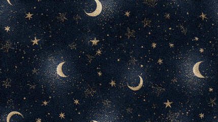 Seamless pattern tiny metallic stars and crescents on indigo night sky astrology astronomy  luxe, dense seamless background for web design premium gift wrap and branding