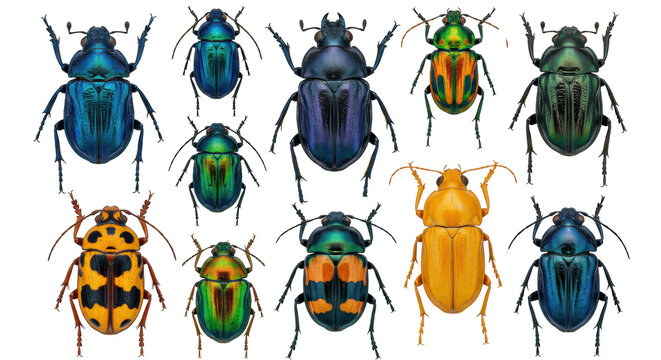 Sixteen distinct beetle species, electric blue, emerald green, orange, yellow, black, intricate patterns, on transparent studio background with copy space, top-down macro. Concept of nature's vibrant