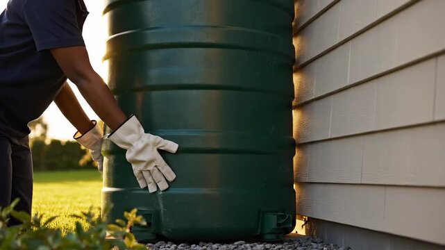 Person performing rainwater tank installation of large green tank against house wall for water conservation system, eco-friendly home solution, sustainable living, garden water storage