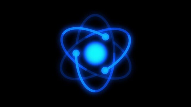 Animation of nuclear atom 2d model, rotation around nucleus on black background. Concept of science, energy, matter