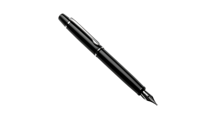 A sleek, black fountain pen with silver accents sits isolated against a black background