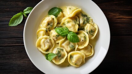 Fresh pasta sits in a white bowl coated in a light sauce and topped with herbs. The setting features a dark wooden table that enhances the colors of the dish.