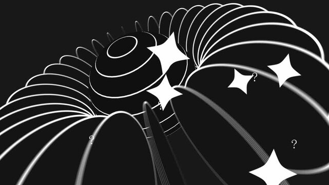 Abstract Geometric Line Motion with Rotating Forms such as sphere, flat circle coin, popping out stars and text