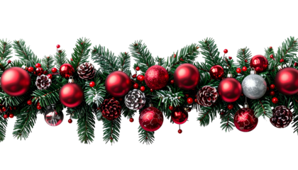 Festive green garland edged with red baubles, berries, and pinecones against black