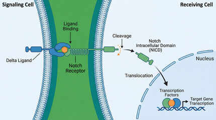 Notch receptor activation in cell signaling pathway with ligand binding at the membrane, proteolytic cleavage releasing the intracellular domain and its nuclear translocation for gene transcription; s