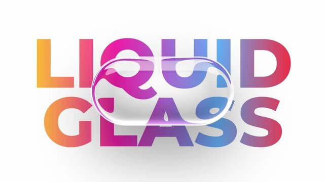 animated motion graphic of 3D realistic glossy transparent liquid glass circle randomly moving around rounded corner rectangle in front of rainbow colored liquid glass text