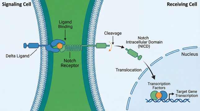 Notch receptor activation in cell signaling pathway with ligand binding at the membrane, proteolytic cleavage releasing the intracellular domain and its nuclear translocation for gene transcription; s