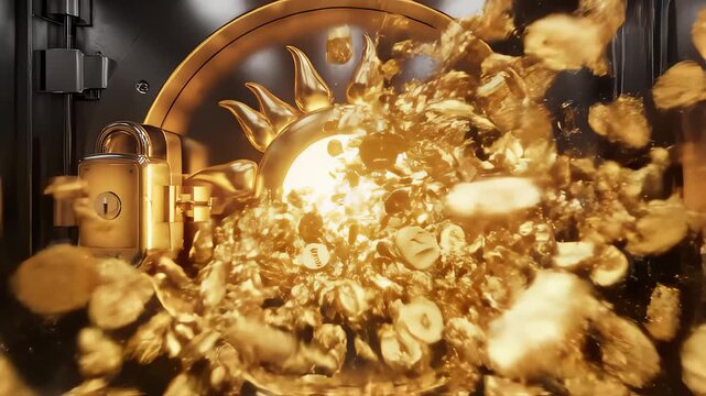 Gold Coins Erupting From Vault After Padlock Is Digitally Unlocked