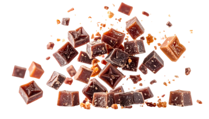 Cubed, chocolate-hued confectionery with crushed bits, suspended against a black background