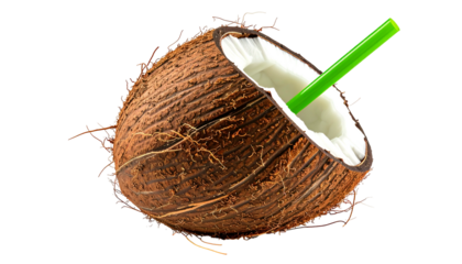 A halved coconut with a vibrant green straw, perfect for a refreshing tropical drink