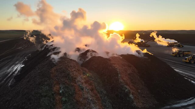 Steam Rising From Compost Pile Near Heavy Equipment at Sunset