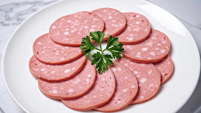 Bologna slices neatly arranged on a white plate with parsley