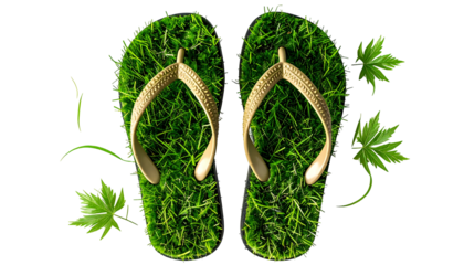 Pair of flip-flops covered in grass, with scattered green leaves on a black background