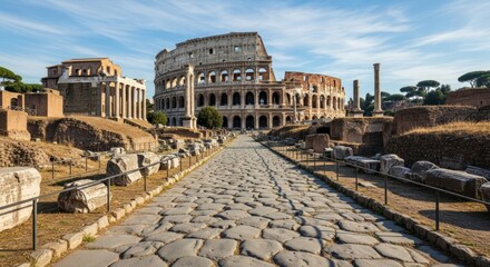 Panoramic view of the ancient Colosseum and Roman Forum ruins in Rome, Italy, with a historic cobblestone path leading through the archaeological site under a vibrant blue sky.