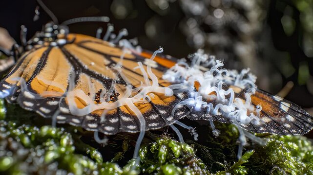 Monarch Butterfly Infected by Gordian Worm Parasite on Mossy Surface