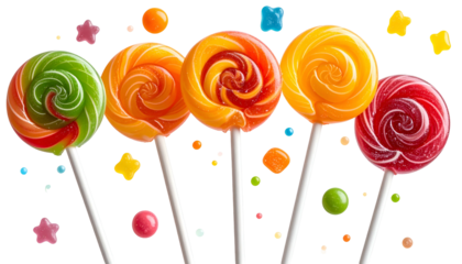 Five vibrant swirl lollipops in assorted colors with scattered sugar-coated candy bits