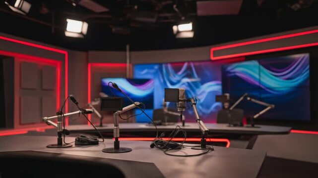 Professional Empty Recording Studio with Microphones and LED Lights.