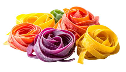Close-up of colorful, coiled ribbon pasta, arranged in a visually appealing display