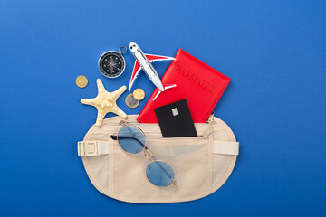 Traveler organizer bag with passport and accessories on color background, top view