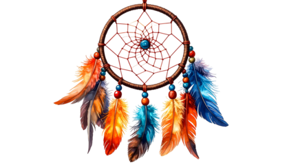 A detailed digital illustration of a dreamcatcher with vibrant feathers against a black background