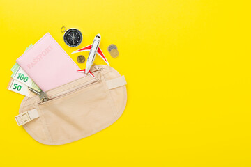 Traveler organizer bag with passport and accessories on color background, top view