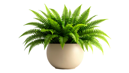 Lush green fern with delicate fronds spilling from a simple, round, neutral-toned pot