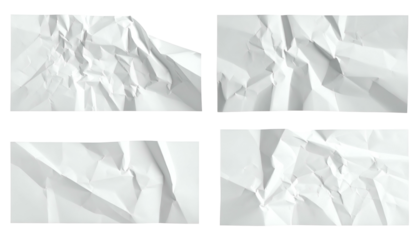 Four rectangles of white paper, each heavily crumpled, with sharp shadows and distinct folds