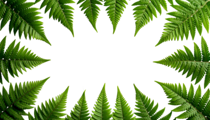 Lush green fern fronds frame a black void, creating a natural border