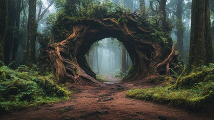 Mystical forest archway; pathway through gnarled roots.  Possible use Nature photography print, website background