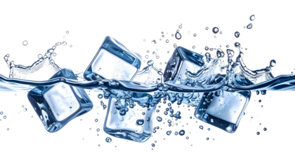 Cubed ice plunged into water, creating splashes and bubbles. Transparent background