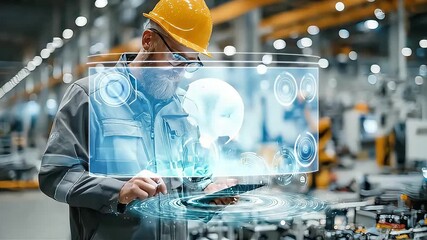 Industry 4.0: A skilled engineer uses a tablet to monitor data visualizations of robotic machinery, highlighting the blend of technology and industry. - Powered by Adobe