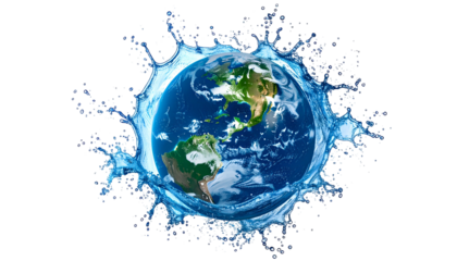 Globe of Earth encircled by a dynamic, splashy ring of water against black background