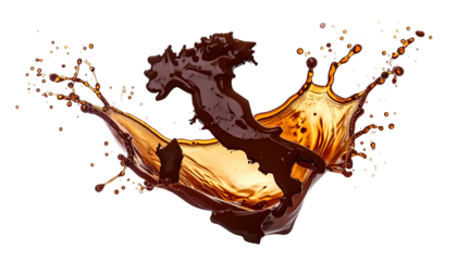 Dynamic splash of dark chocolate merging with a lighter, golden-hued liquid