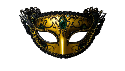 Ornate gold and black masquerade mask with jewels, lace and intricate detailing against black
